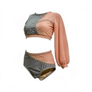 Reverence custom solo dance costume 2 piece blush pink gray rhinestoned YXS 4/5